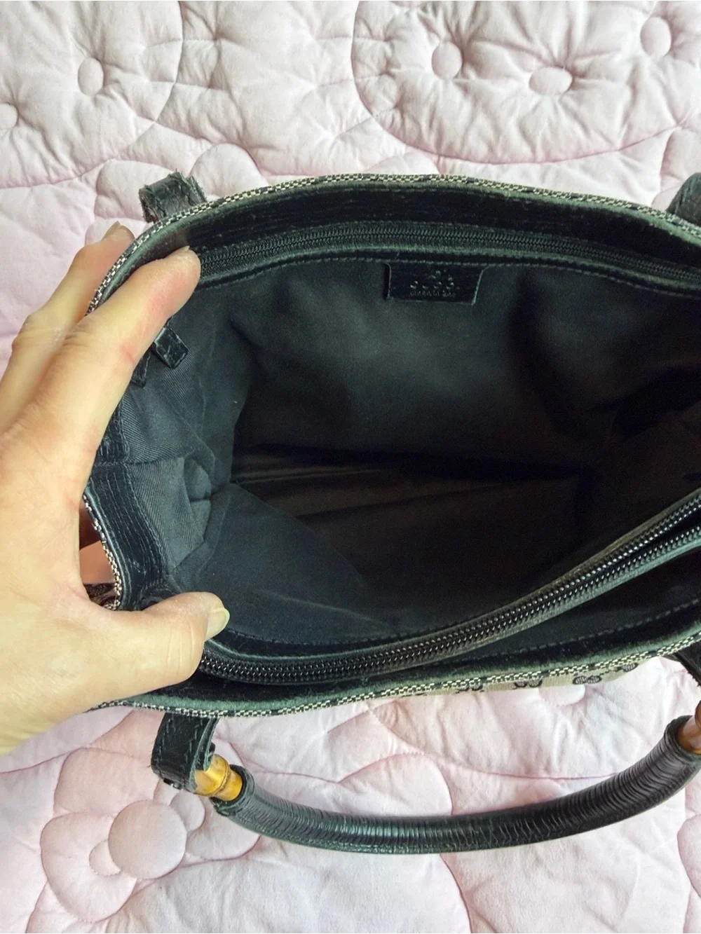 Gucci Black & Grey GG Canvas Tote with Bamboo Accents